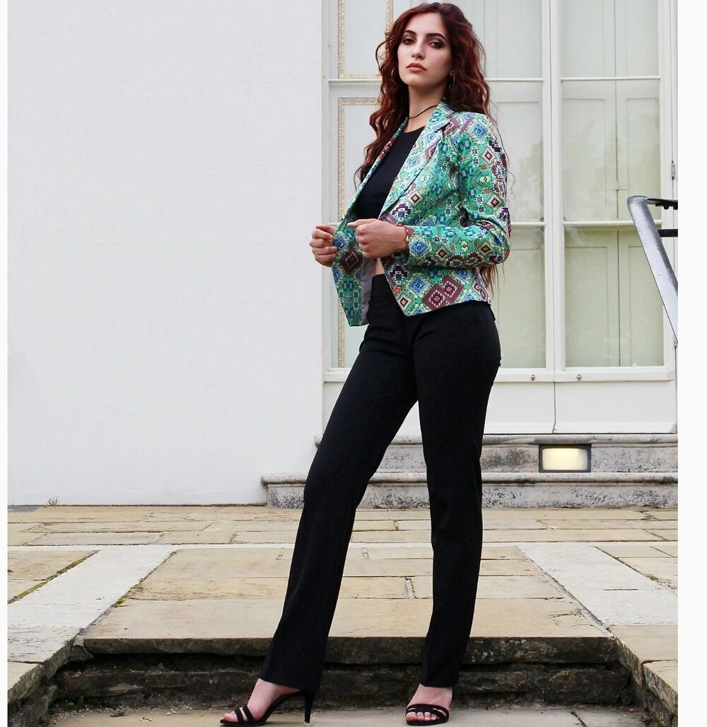 Two-Tone Printed Green Jacket with Black Trousers Suit