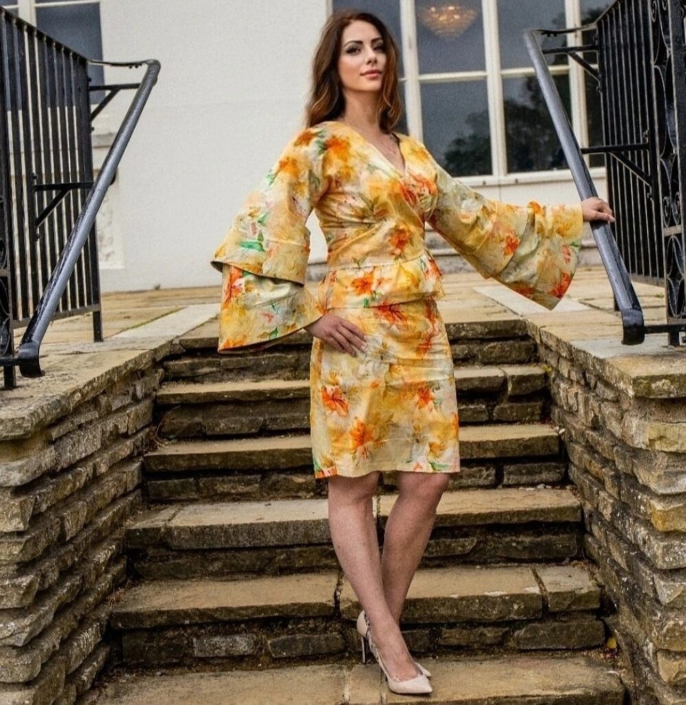 Bell-Sleeve Yellow Printed 2Pcs Set