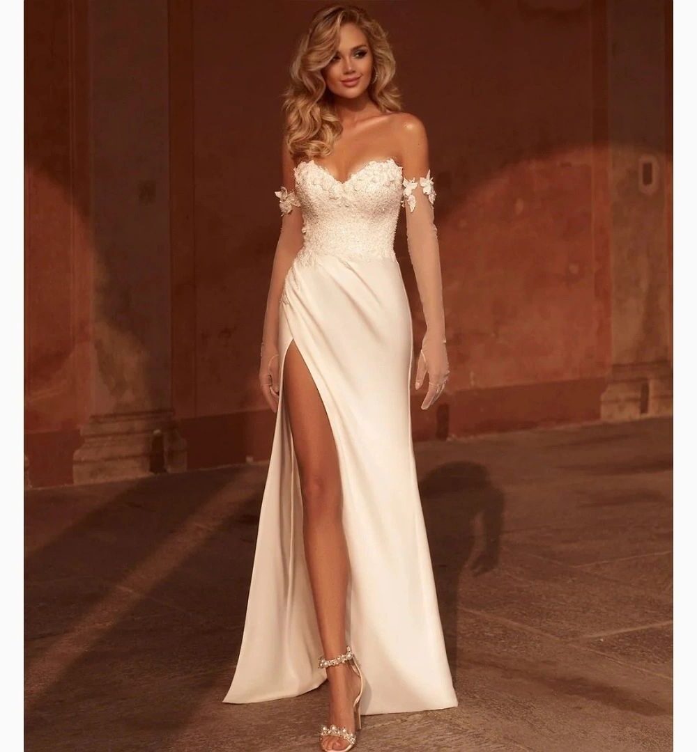 Column Wedding Dress with Sweetheart Neckline and Bold Leg-Slit